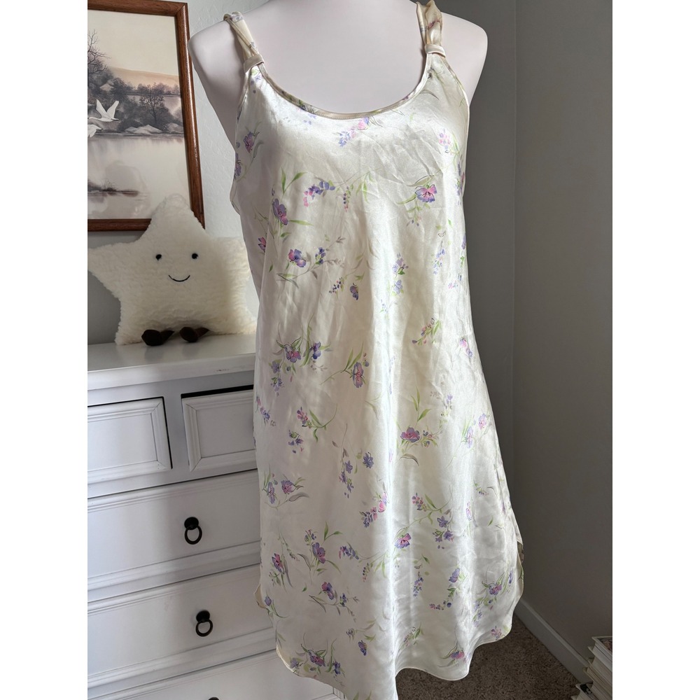 Floral Satin Nightgown Chemise Vintage Slip Dress Cottagecore Cream Sleepwear